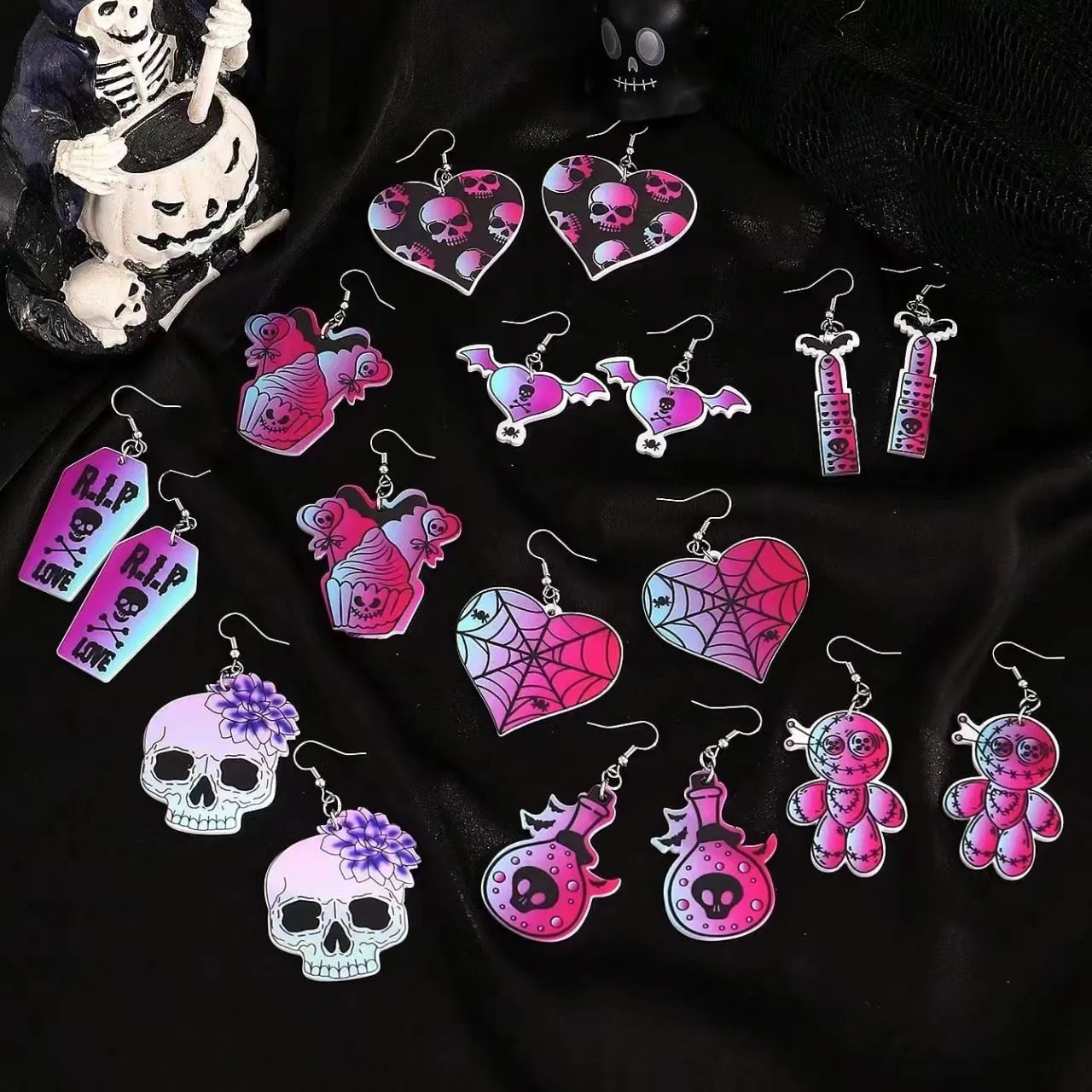 Wholesale Halloween Series Exaggerated Dark Skull Heart-shaped Fashion Creative Funny Bat Earrings