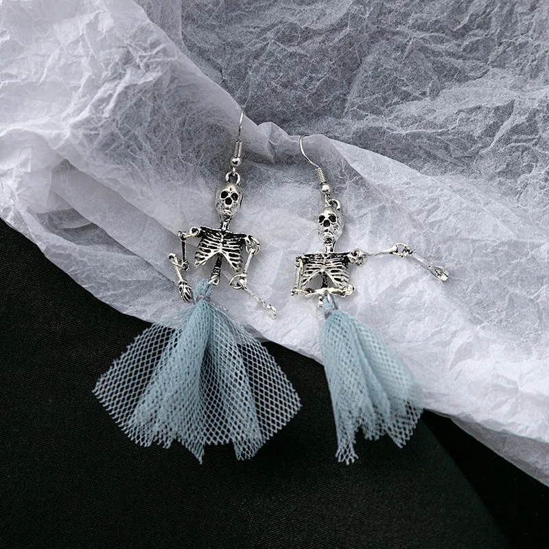 Wholesale Halloween Skeleton Human Skull Blue Mesh Earrings