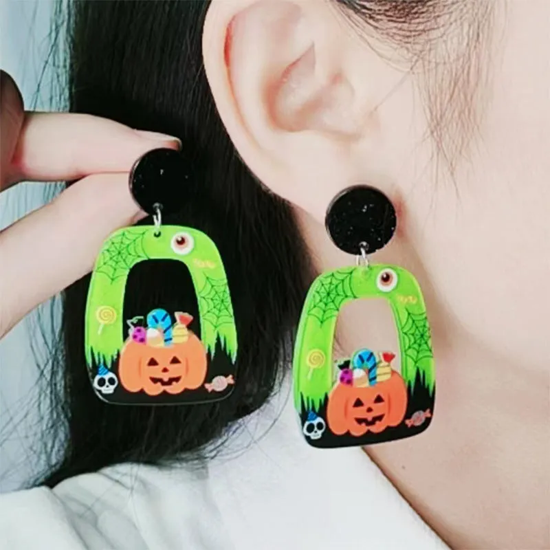 Wholesale Halloween Square Round Hollow Acrylic Ghost Pumpkin Cat Earrings