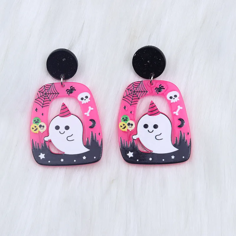 Wholesale Halloween Square Round Hollow Acrylic Ghost Pumpkin Cat Earrings