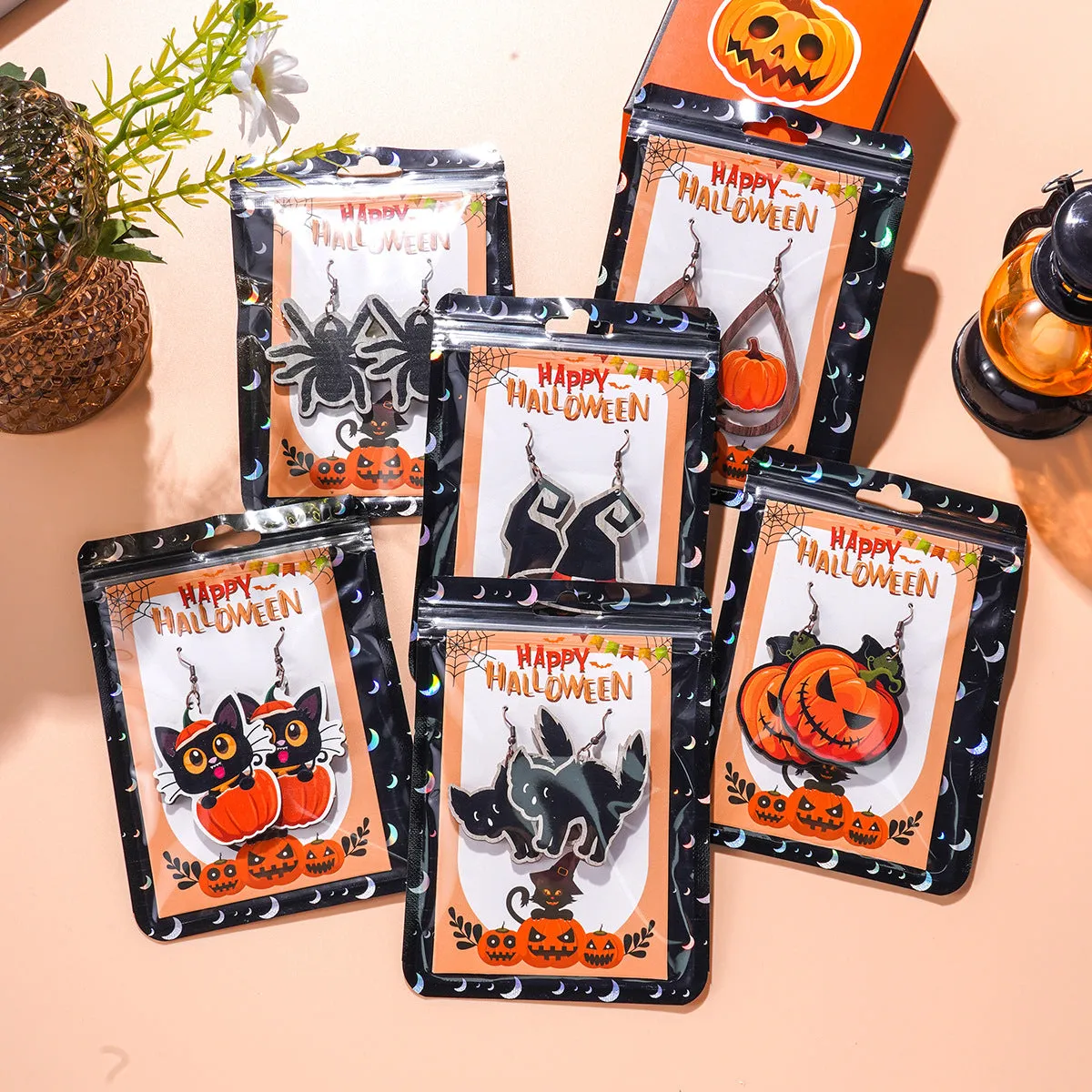 Wholesale Halloween Theme Funny Creative Cartoon Wooden Pumpkin Spider Kitten Earrings