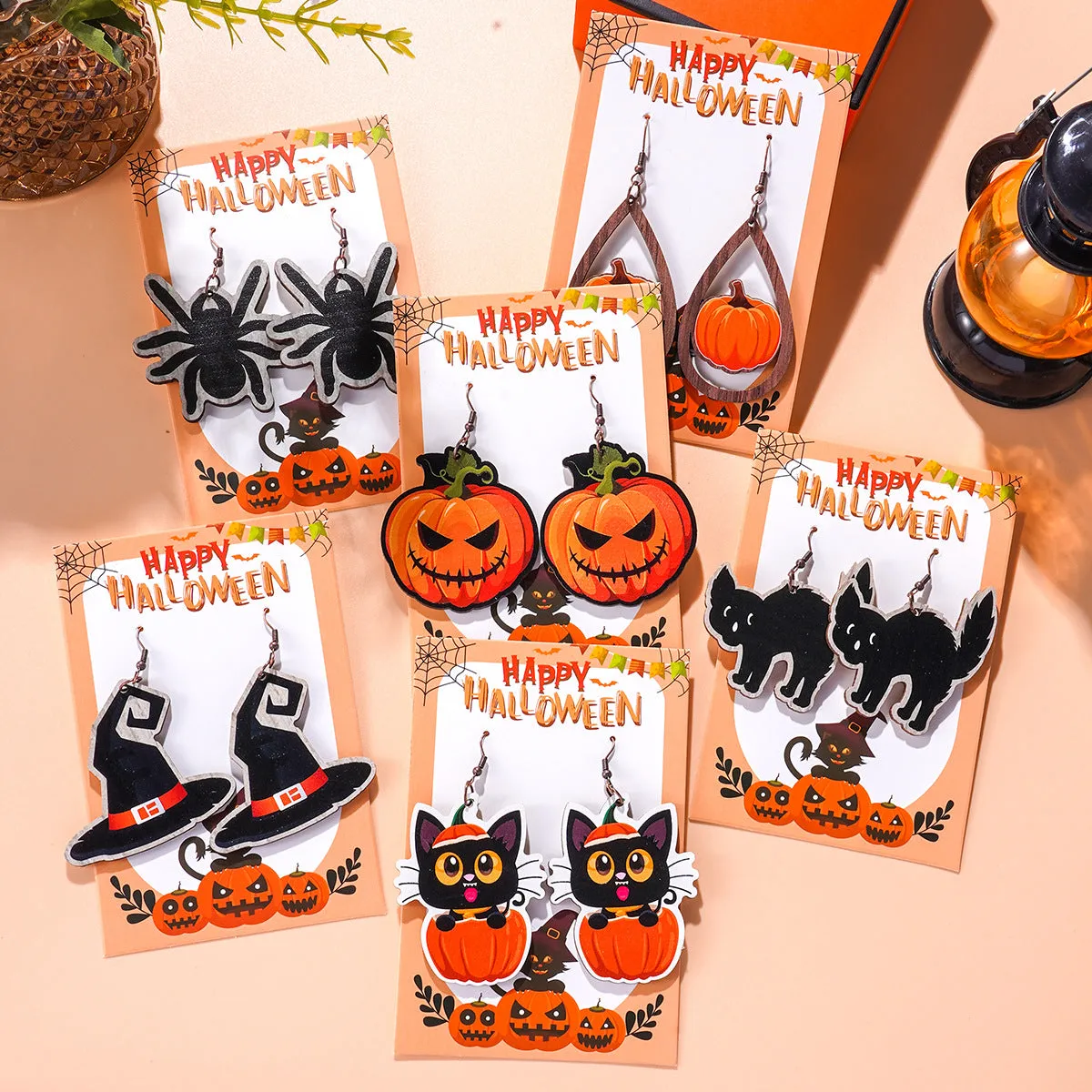 Wholesale Halloween Theme Funny Creative Cartoon Wooden Pumpkin Spider Kitten Earrings