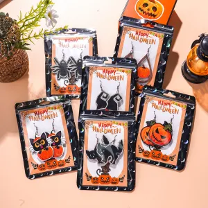 Wholesale Halloween Theme Funny Creative Cartoon Wooden Pumpkin Spider Kitten Earrings