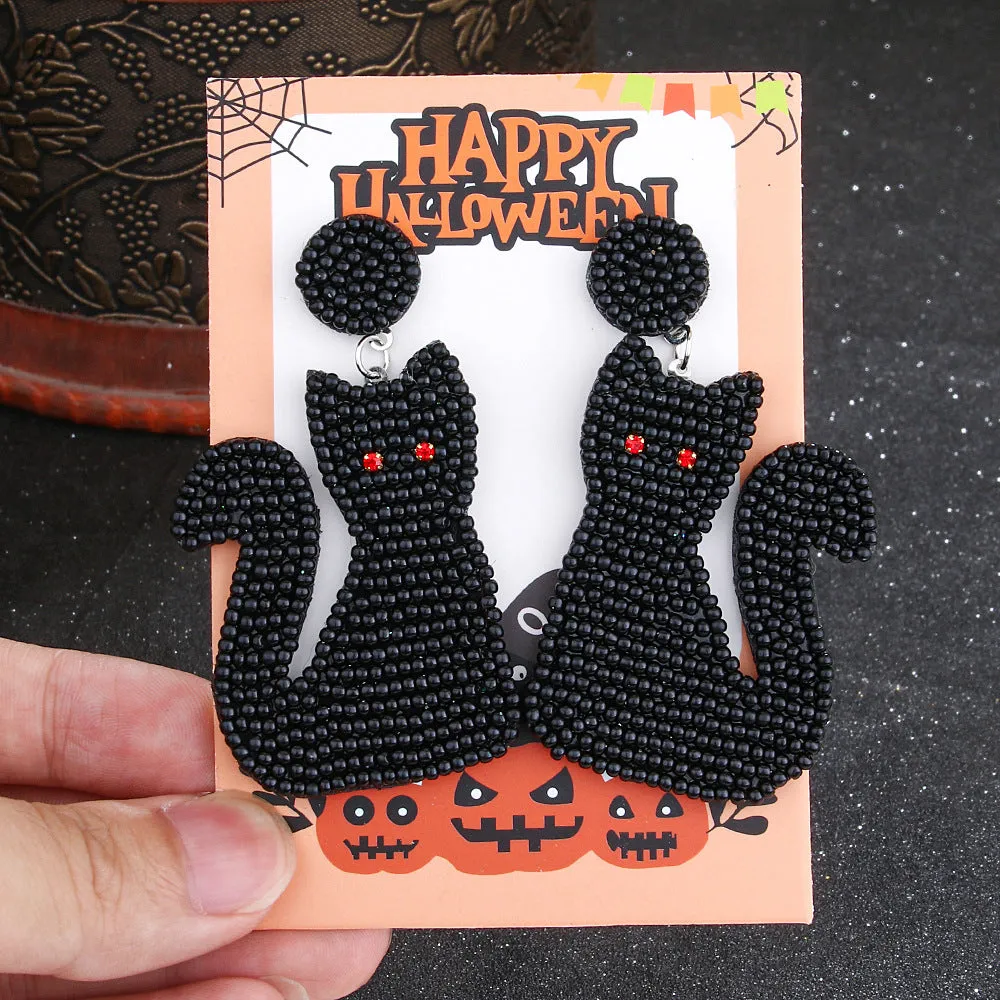 Wholesale Halloween Vintage Witch Hat Black Cat Demon Pumpkin Bat Beaded Earrings