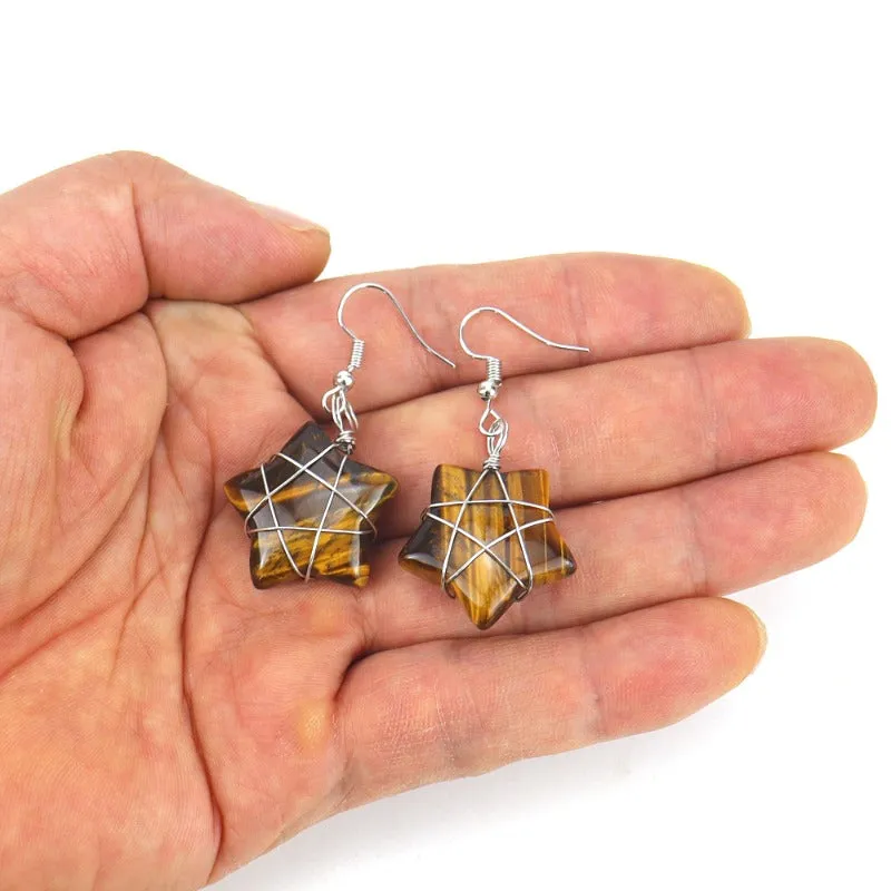 Wholesale Hand-wound Natural Crushed Stone Crystal Tiger Stone Pentagram Earrings