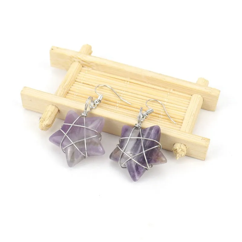 Wholesale Hand-wound Natural Crushed Stone Crystal Tiger Stone Pentagram Earrings