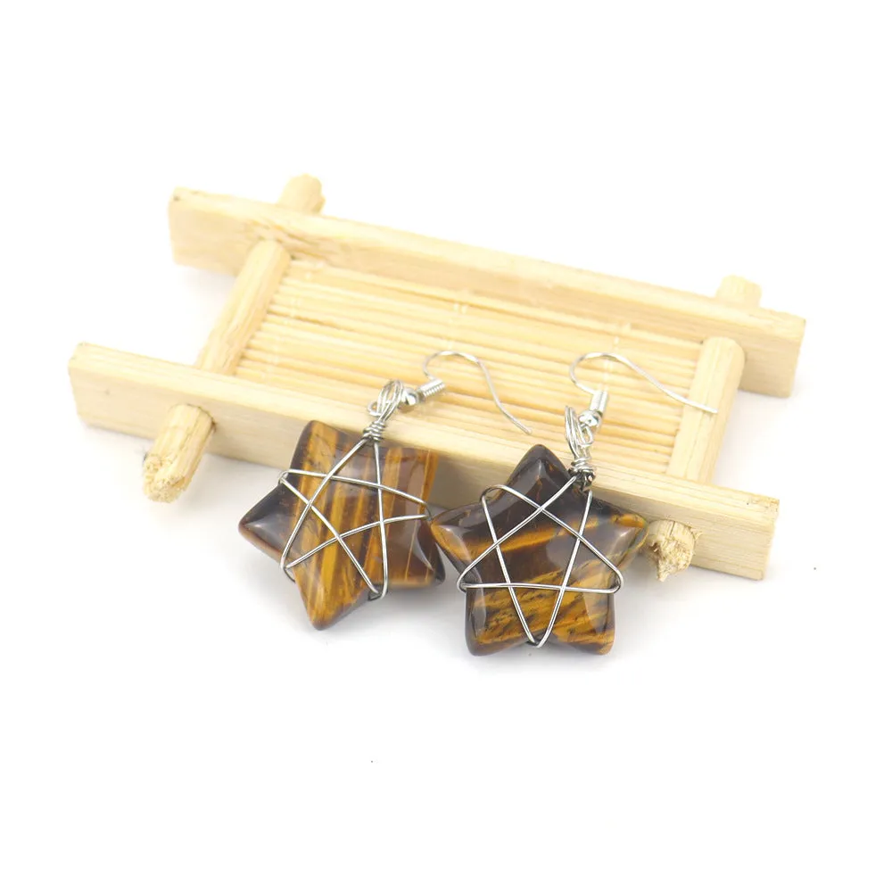 Wholesale Hand-wound Natural Crushed Stone Crystal Tiger Stone Pentagram Earrings