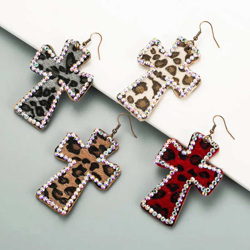 Wholesale Handmade Personalized Exaggerated Cross Genuine Leather Leopard Print Earrings
