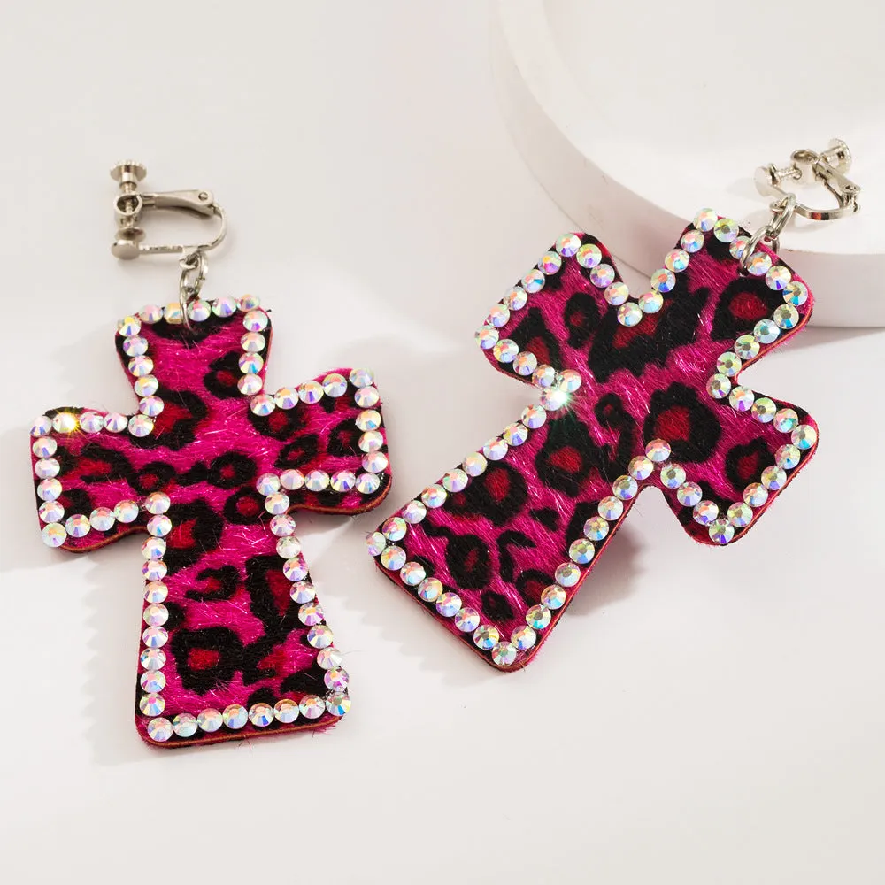 Wholesale Handmade Personalized Exaggerated Cross Genuine Leather Leopard Print Earrings