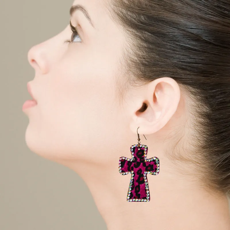 Wholesale Handmade Personalized Exaggerated Cross Genuine Leather Leopard Print Earrings