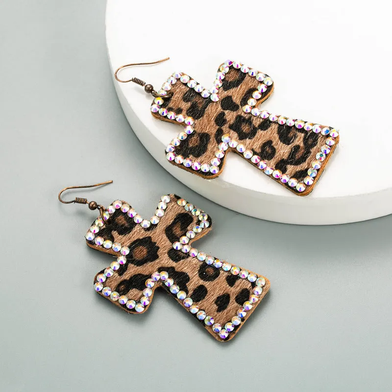 Wholesale Handmade Personalized Exaggerated Cross Genuine Leather Leopard Print Earrings