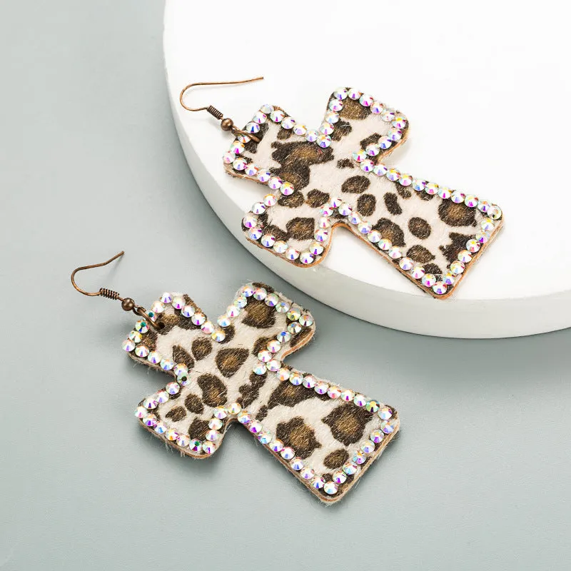 Wholesale Handmade Personalized Exaggerated Cross Genuine Leather Leopard Print Earrings