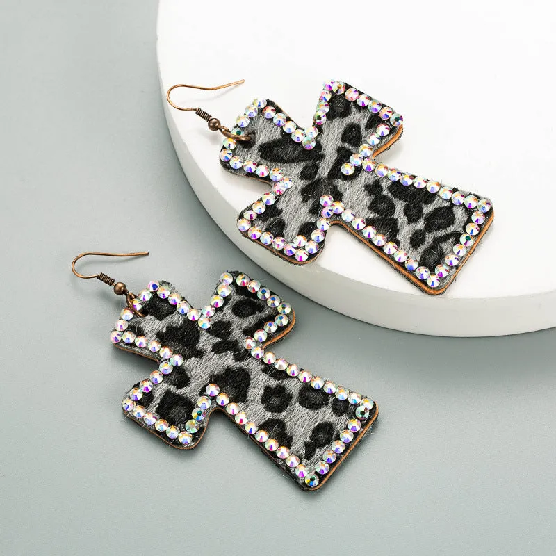 Wholesale Handmade Personalized Exaggerated Cross Genuine Leather Leopard Print Earrings