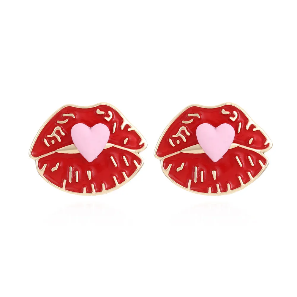 Wholesale Heart Lip Drip Alloy Ear Studs