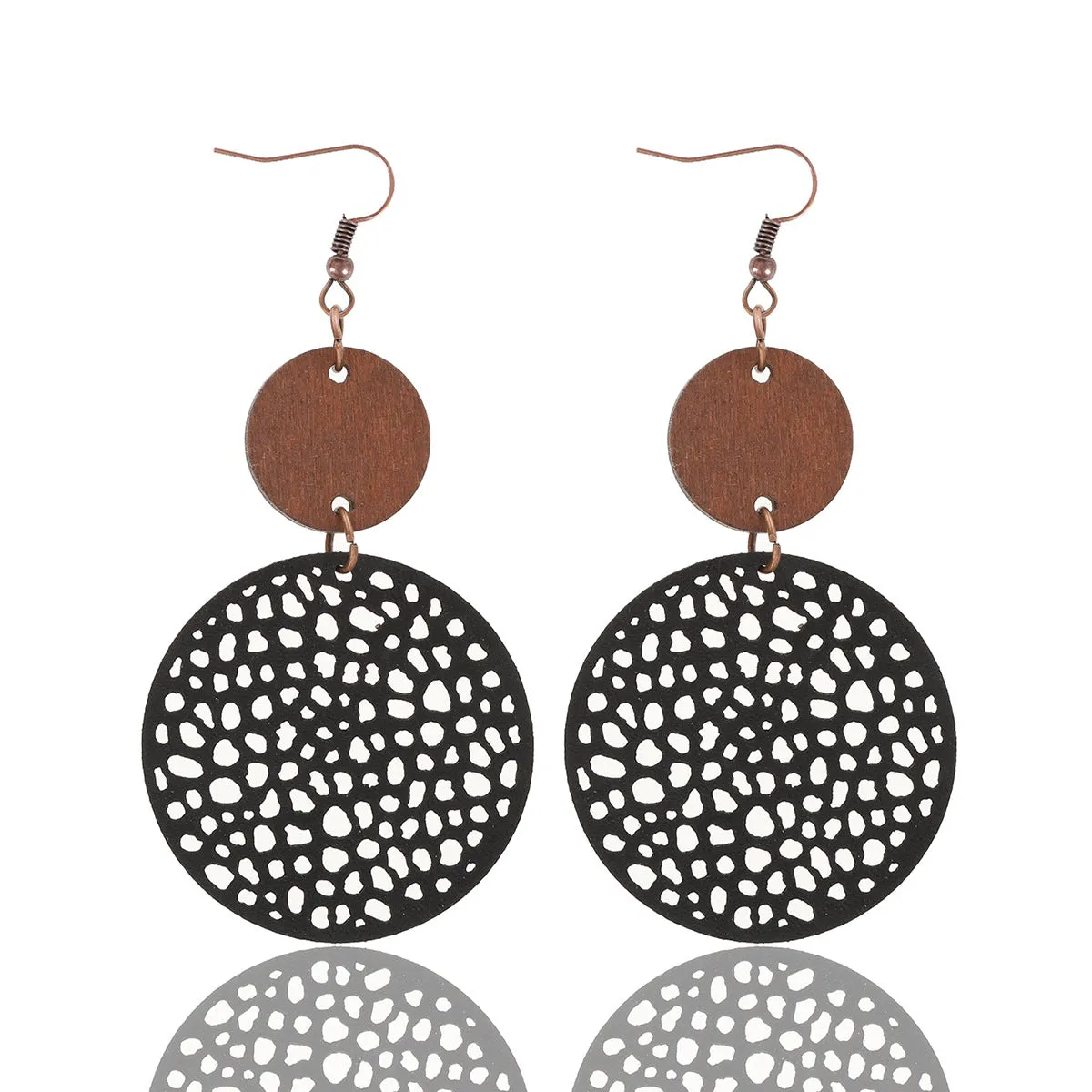 Wholesale Hollow Wood Piece Combination Leather Round Mesh Earrings
