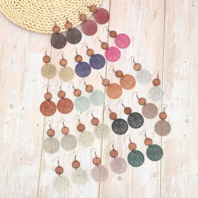 Wholesale Hollow Wood Piece Combination Leather Round Mesh Earrings