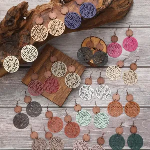 Wholesale Hollow Wood Piece Combination Leather Round Mesh Earrings