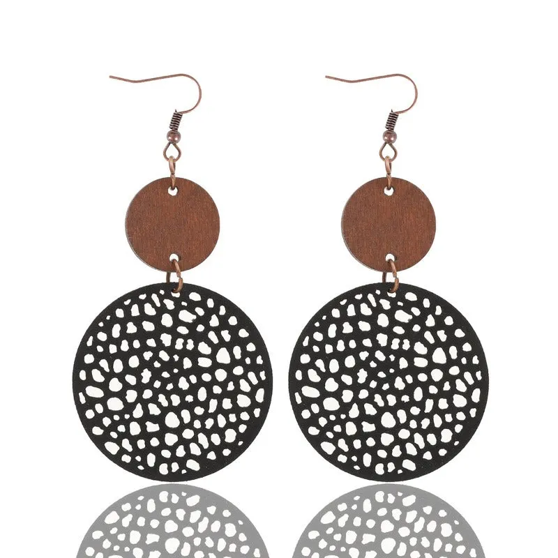 Wholesale Hollow Wood Piece Combination Leather Round Mesh Earrings