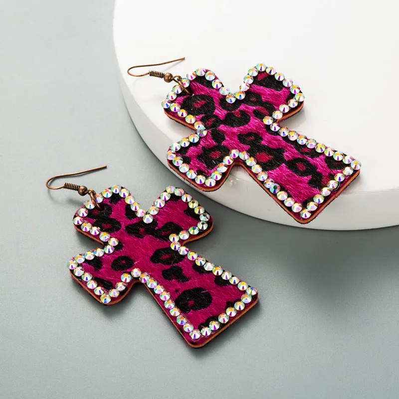 Wholesale Hot Girl Leopard Print Cross Exaggerated Adjustable Earrings