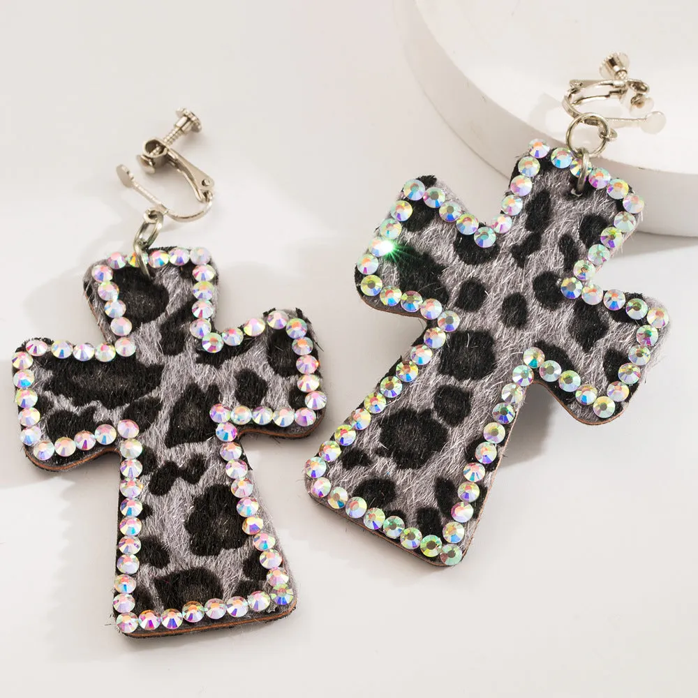 Wholesale Hot Girl Leopard Print Cross Exaggerated Adjustable Earrings