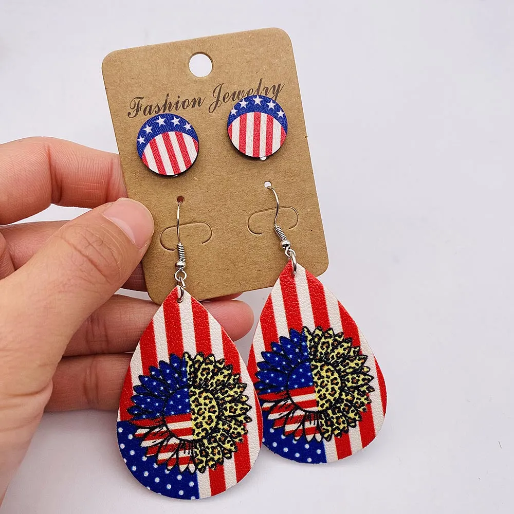 Wholesale Independence Day American Flag Leather Earrings Stud Set