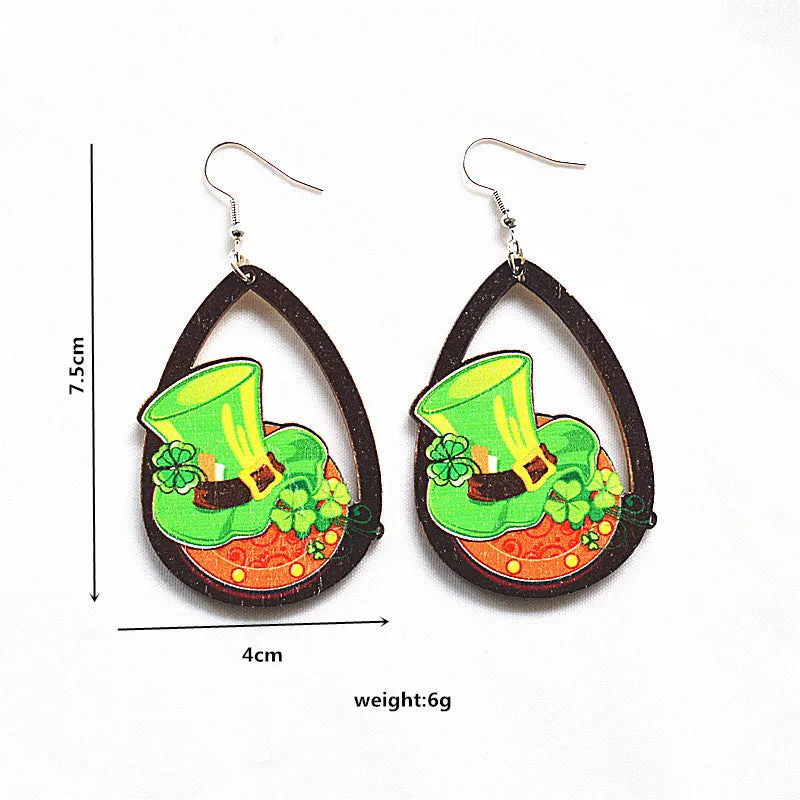 Wholesale innovative wooden St. parcret festival clover green rainbow dwarf Irish earrings