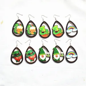 Wholesale innovative wooden St. parcret festival clover green rainbow dwarf Irish earrings