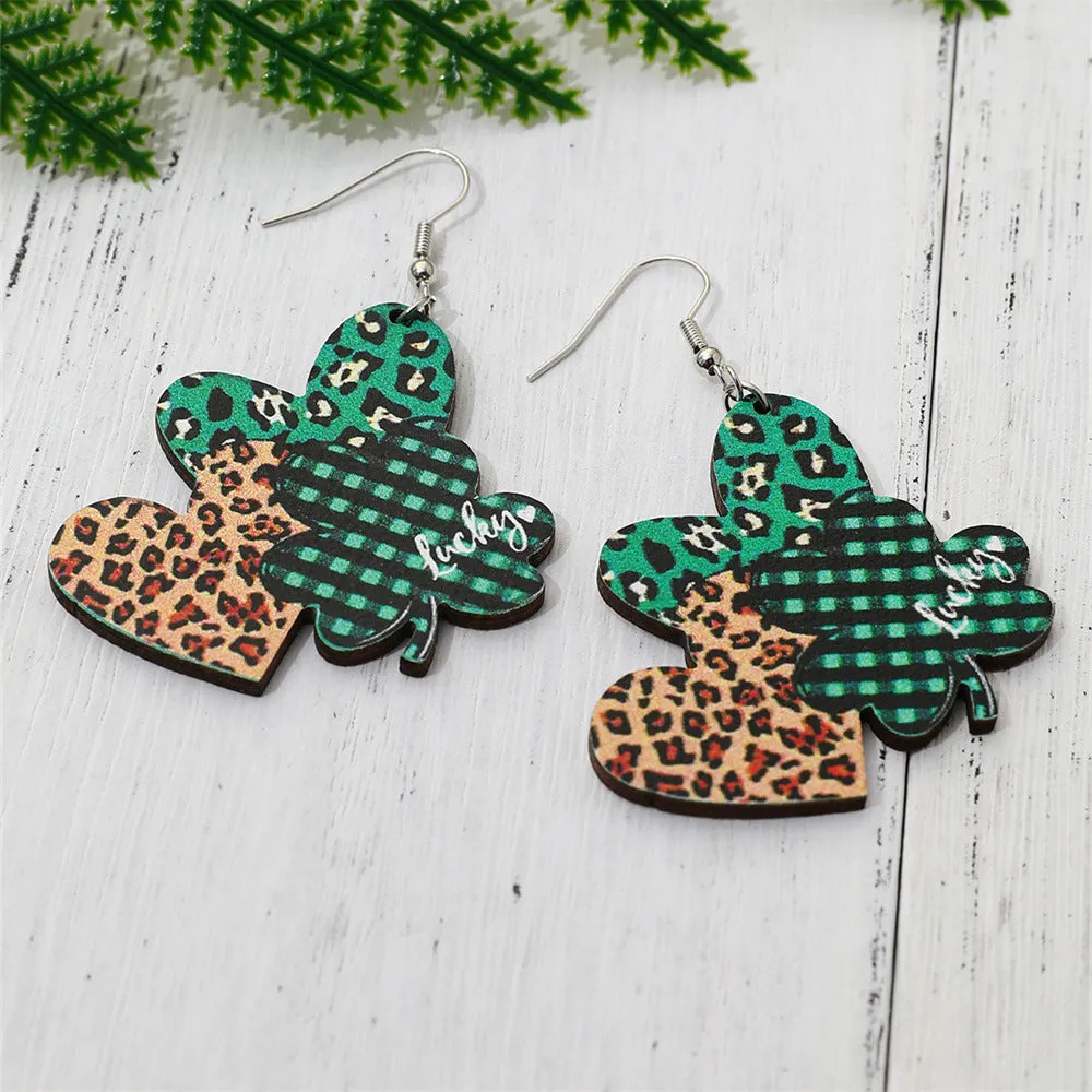 Wholesale Irish Carnival green elf clover earrings wooden love heart St Patrick leaf earrings