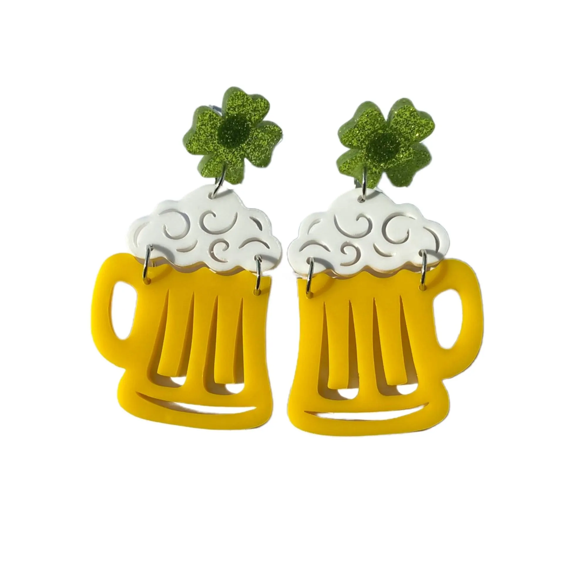 Wholesale Irish Festival Clover St. Patrick Green Yellow Beer Mug Earrings