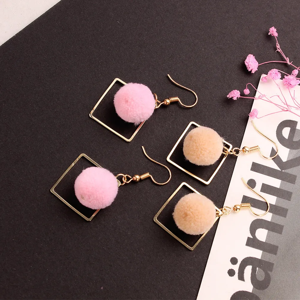 Wholesale Khaki Geometric Diamond Pom Pom Earrings