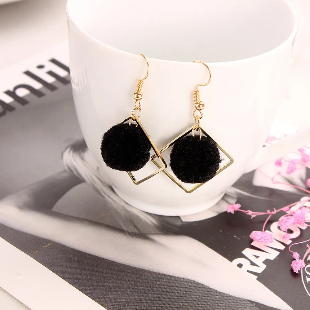 Wholesale Khaki Geometric Diamond Pom Pom Earrings