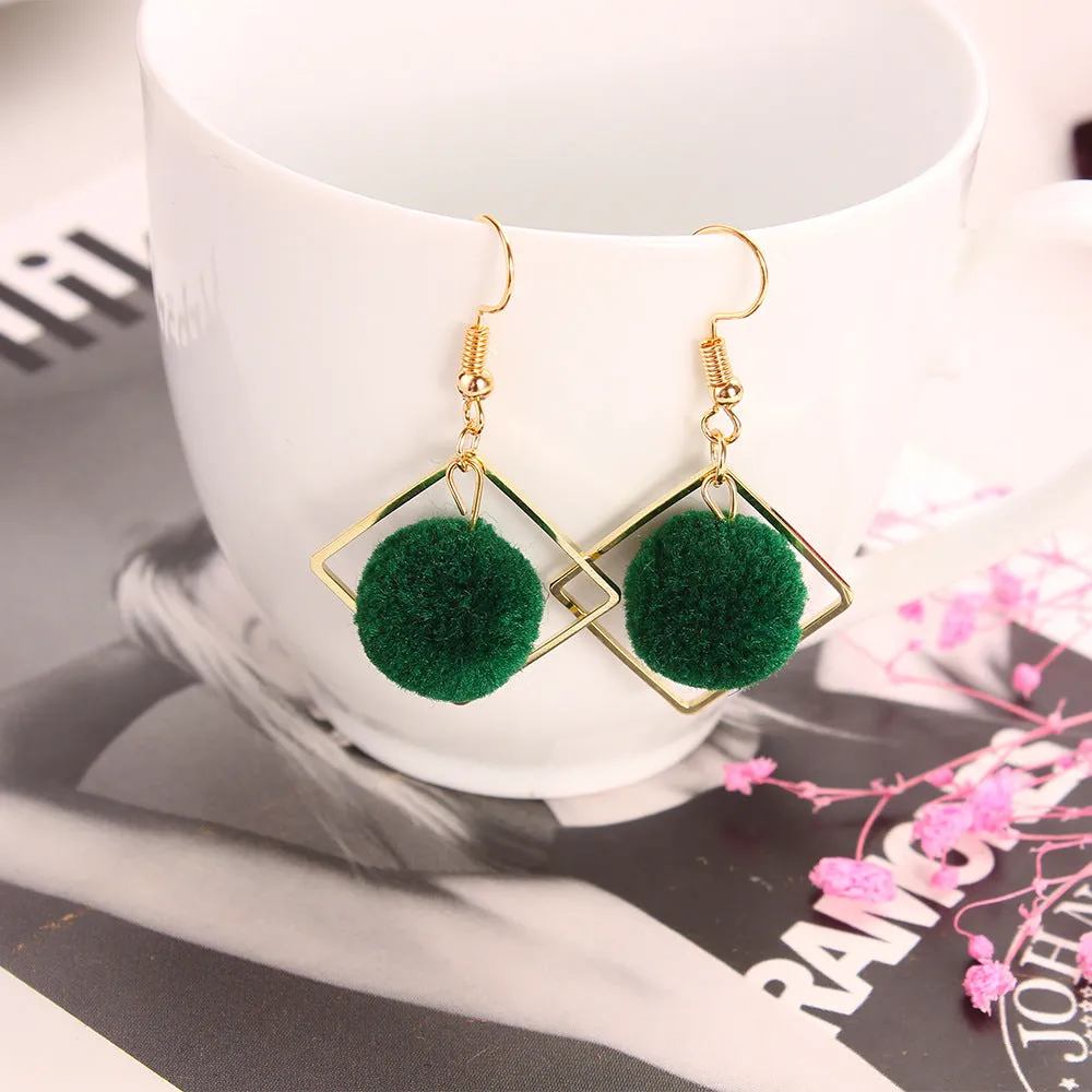 Wholesale Khaki Geometric Diamond Pom Pom Earrings