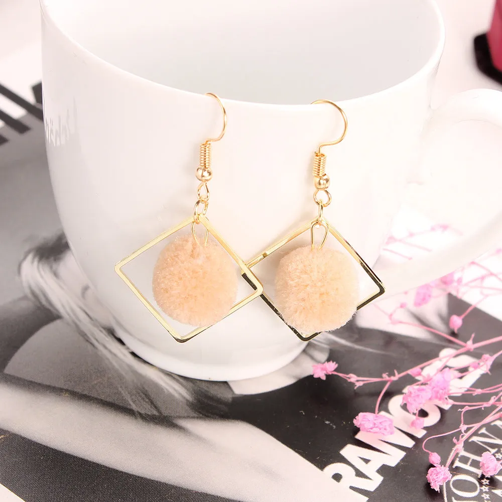 Wholesale Khaki Geometric Diamond Pom Pom Earrings