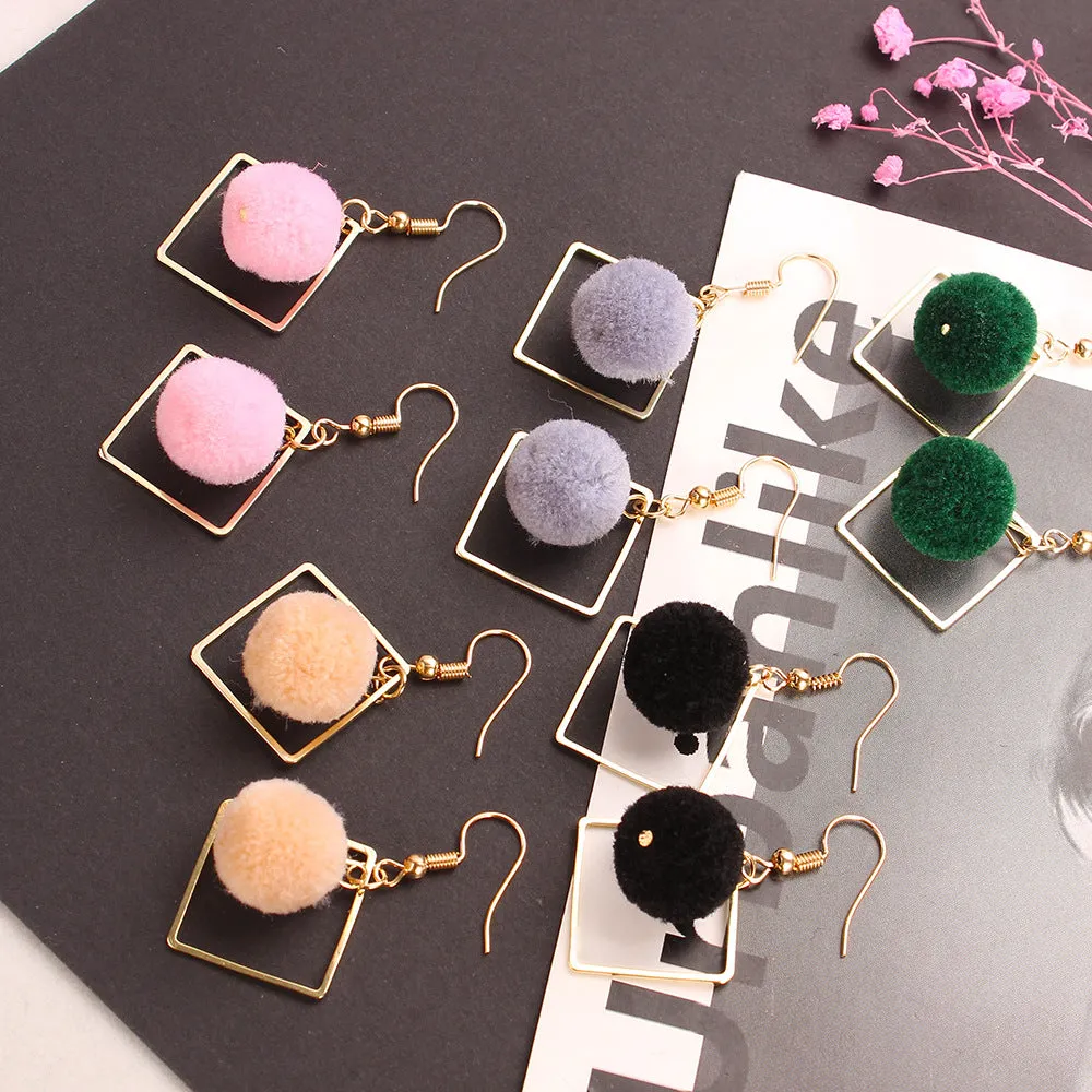Wholesale Khaki Geometric Diamond Pom Pom Earrings