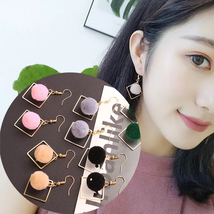 Wholesale Khaki Geometric Diamond Pom Pom Earrings