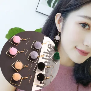 Wholesale Khaki Geometric Diamond Pom Pom Earrings