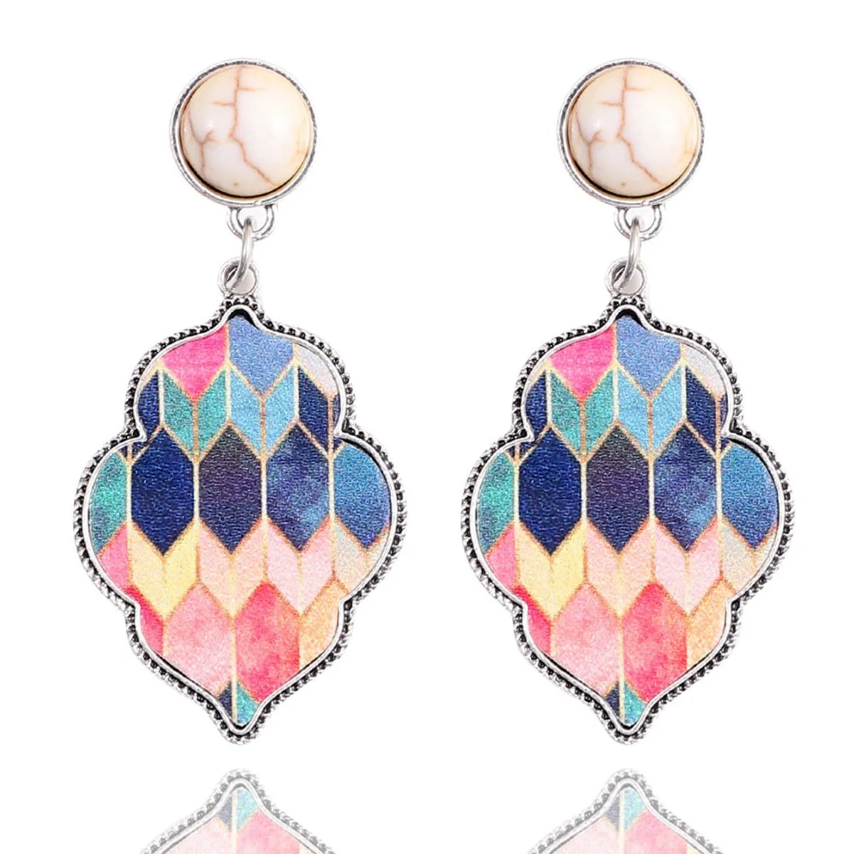 Wholesale Leather Alloy Turquoise Color Quadrilateral Earrings