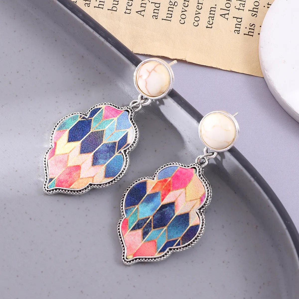 Wholesale Leather Alloy Turquoise Color Quadrilateral Earrings