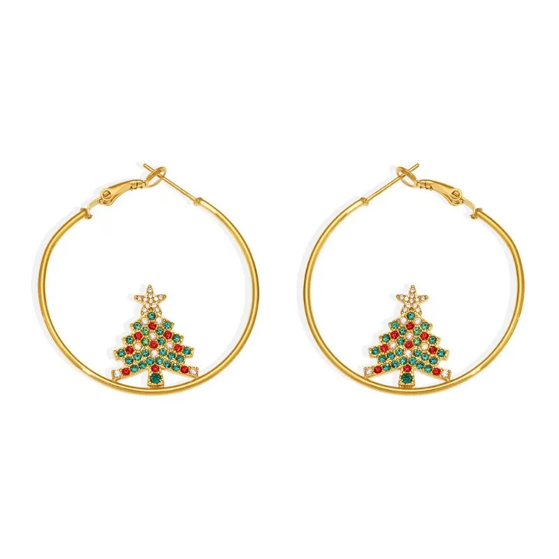 Wholesale Light Luxury Colorful Zircon Christmas Tree Stainless Steel Earrings