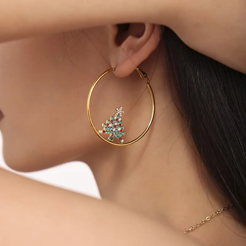 Wholesale Light Luxury Colorful Zircon Christmas Tree Stainless Steel Earrings