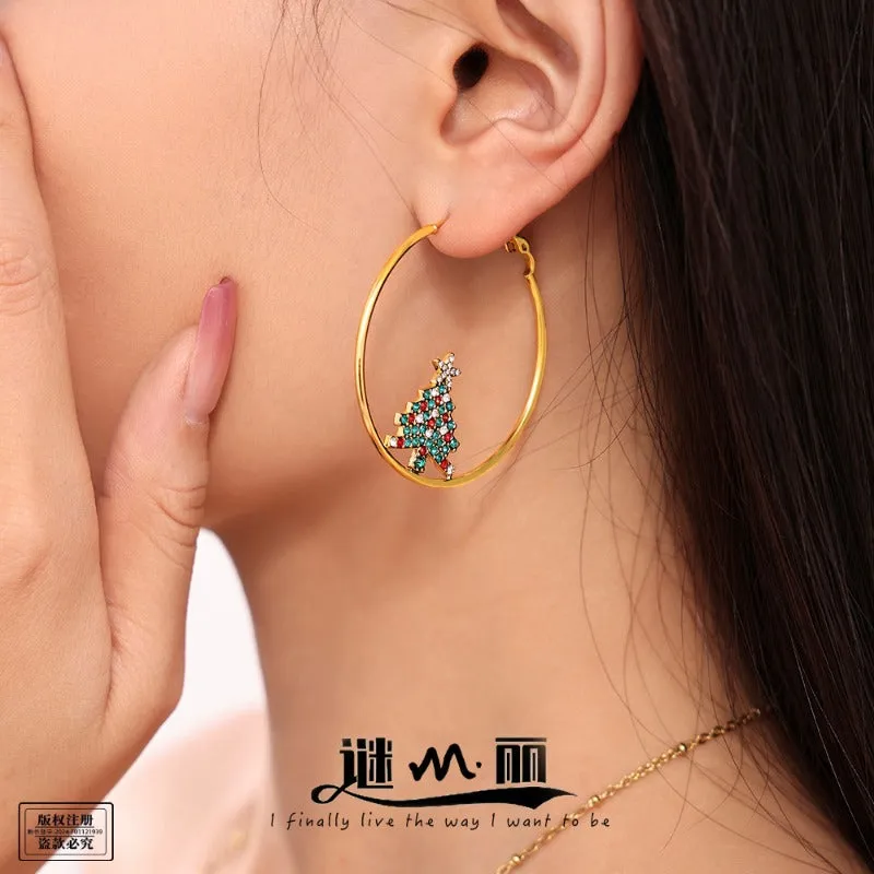 Wholesale Light Luxury Colorful Zircon Christmas Tree Stainless Steel Earrings