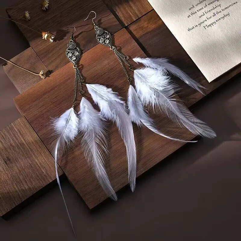 Wholesale long chain feather earrings ethnic style seaside earrings