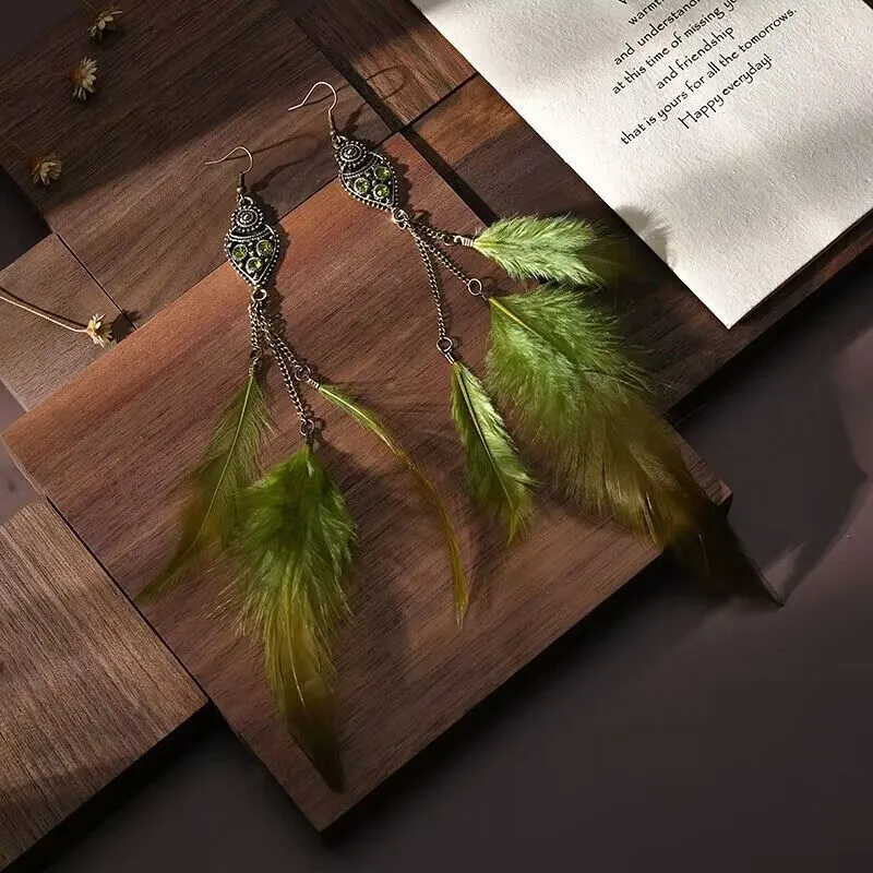 Wholesale long chain feather earrings ethnic style seaside earrings