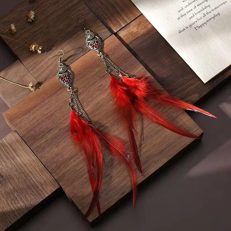 Wholesale long chain feather earrings ethnic style seaside earrings