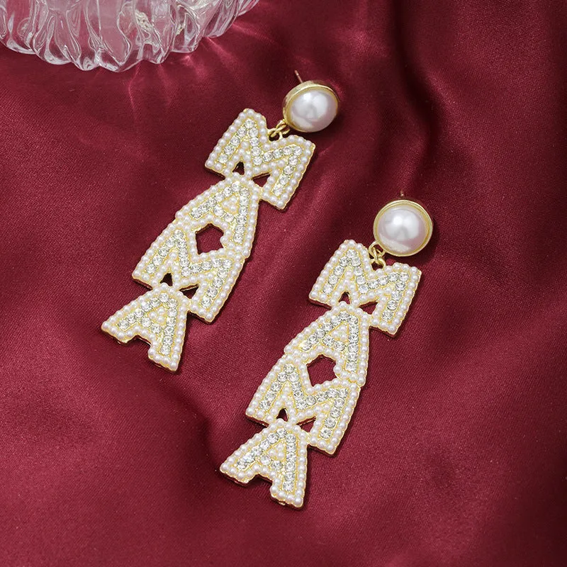 Wholesale MAMA Mother's Day Creative Letter Diamond Pearl Earrings
