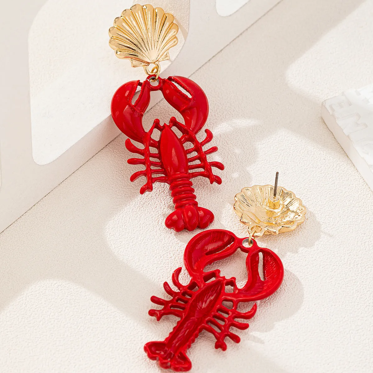 Wholesale Marine Life Series Red Lacquered Lobster Metal Shell Earrings