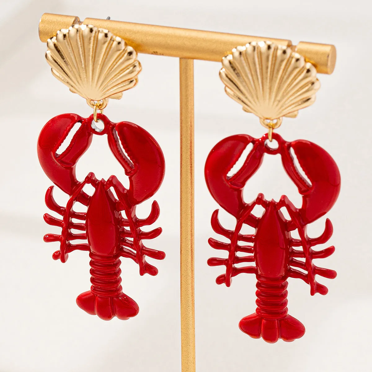 Wholesale Marine Life Series Red Lacquered Lobster Metal Shell Earrings