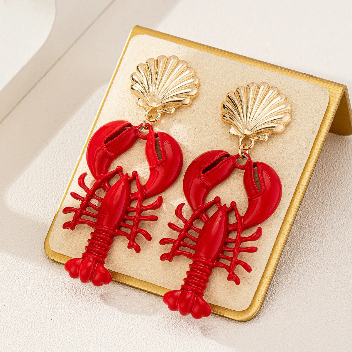 Wholesale Marine Life Series Red Lacquered Lobster Metal Shell Earrings