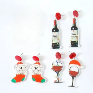 Wholesale Merry Christmas Christmas Socks Sloth Red Wine Bottle Wine Glass Earrings
