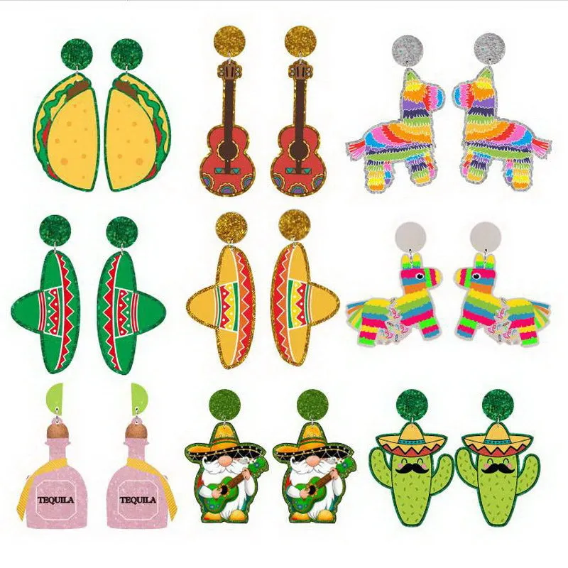 Wholesale Mexican Carnival May 5th Guitar Horse Hat Wine Bottle Violin Goblin Cactus Earrings